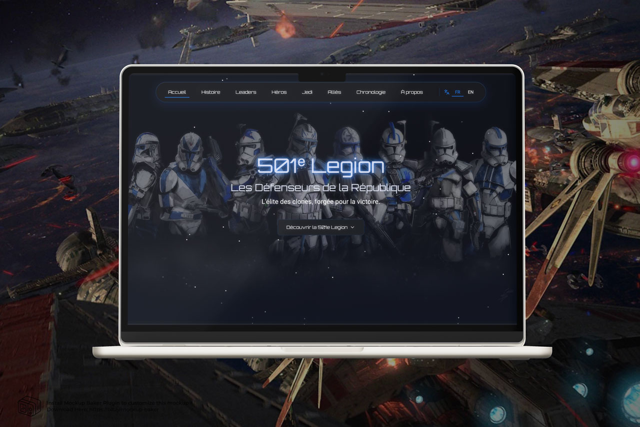 501st Legion landing page displayed on a MacBook — bilingual French and English interface generated with Figma Make, showing the 501st Clone Troopers hero section with navigation and CTA button