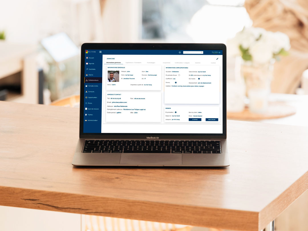 Alten CRM — fiche collaborateur avec informations générales, mission en cours et informations complémentaires