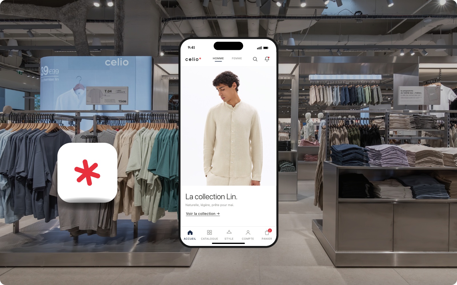 Celio — App mobile fashion iOS/Android, écran d'accueil collection lin en magasin
