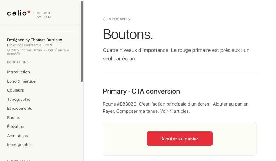 Design System Celio, page Boutons, variantes Primary CTA conversion, Secondary Action neutre