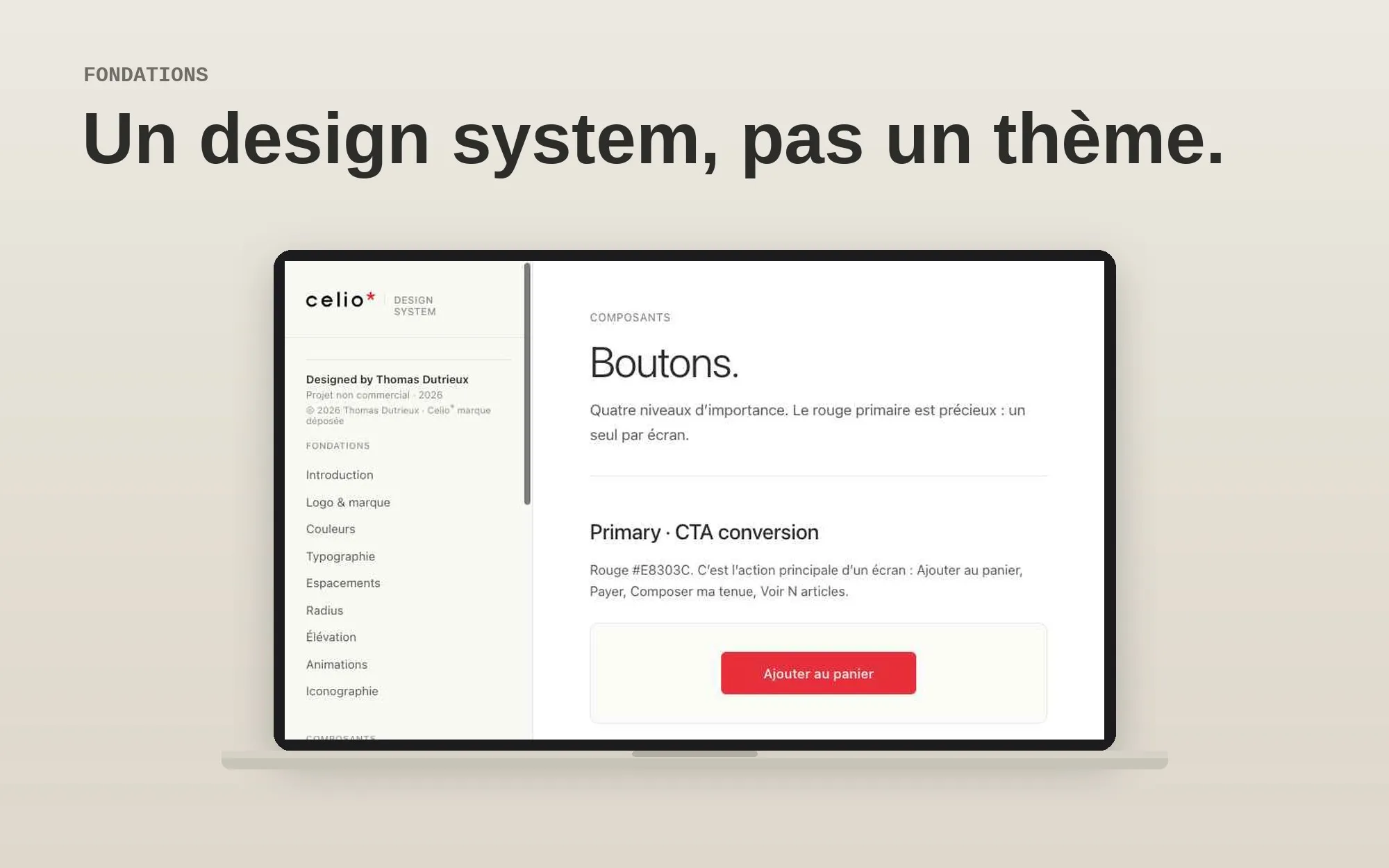 Design System Celio sur MacBook, page Boutons, Un design system pas un thème