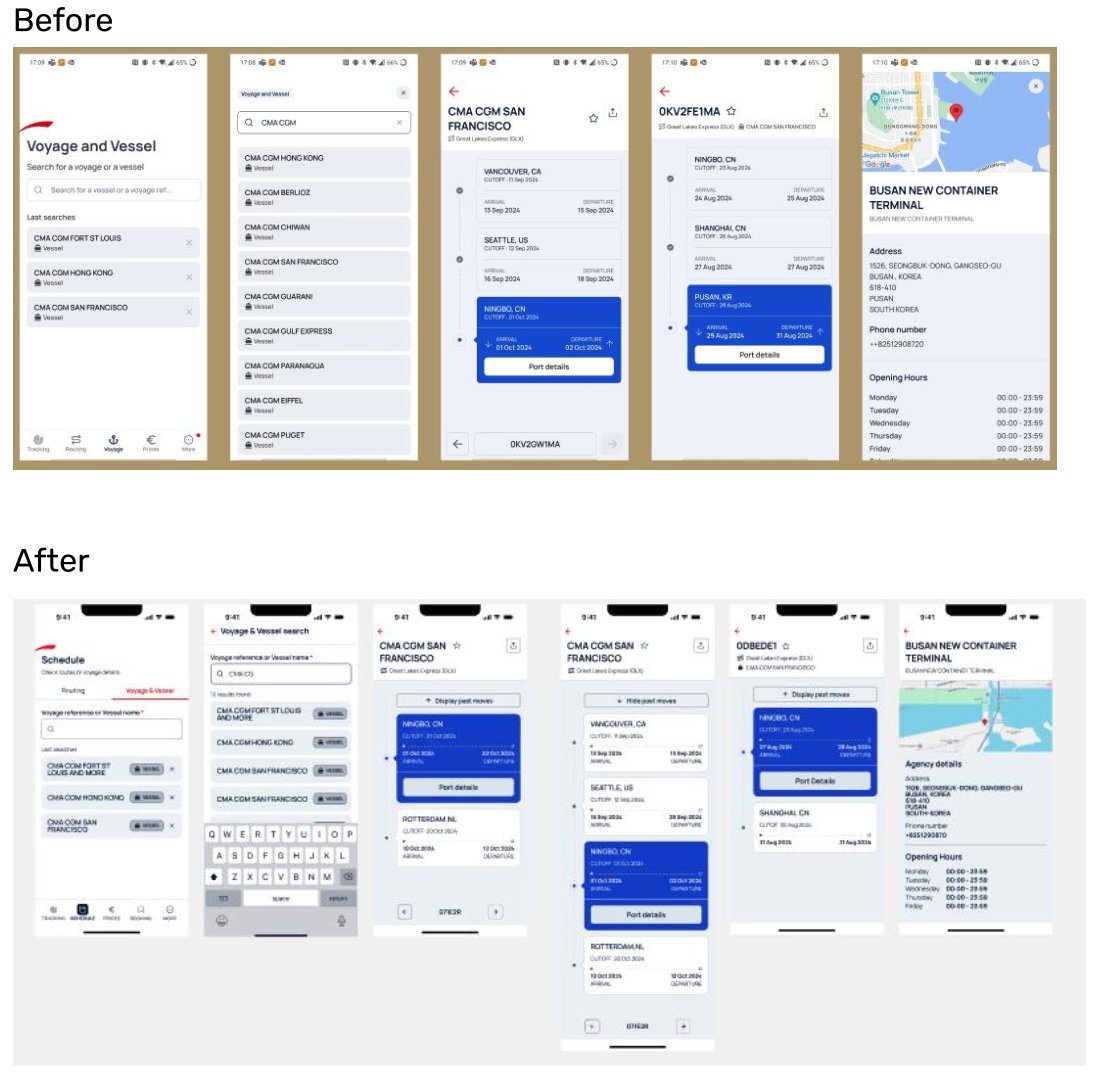 Refonte du parcours Voyage & Vessel — before/after comparaison des écrans iOS