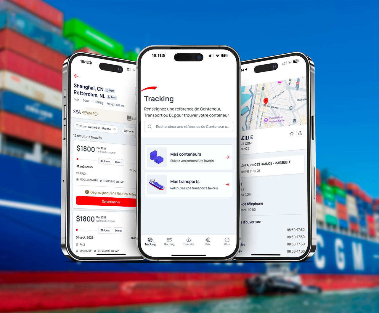 Global Maritime Leader mobile application — container tracking, freight routing and port locator screens on iPhone with a cargo ship and shipping containers in the background