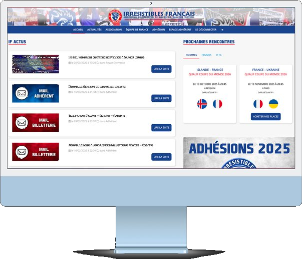 Interface du site Les Irrésistibles Français affichée sur iMac — homepage avec les actualités et les prochaines rencontres