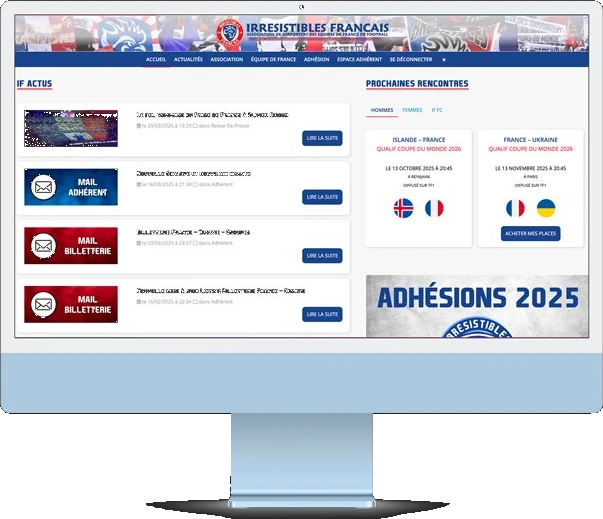 Interface du site Les Irrésistibles Français affichée sur iMac — homepage avec les actualités et les prochaines rencontres