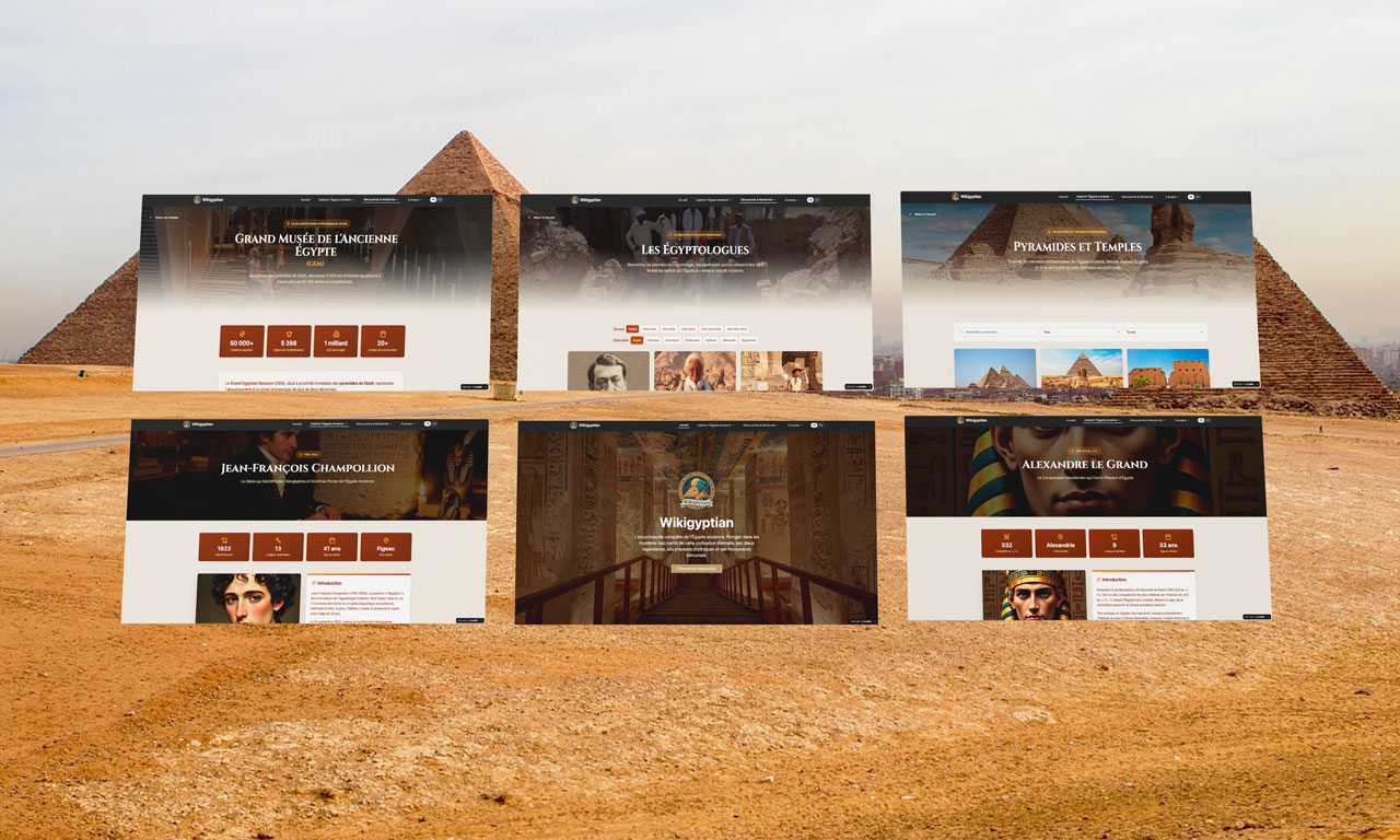 Wikigyptian — vue multi-écrans : pages Grand Musée, Égyptologues, Pyramides, Champollion, Alexandre le Grand